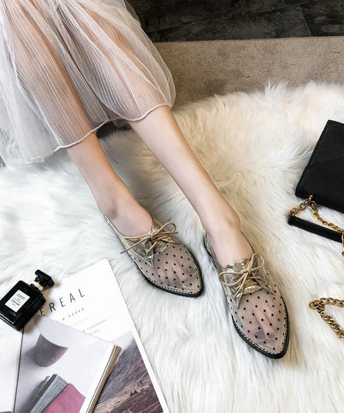 Women Apricot Splicing Flats Black Tulle Lace Up Pointed Toe