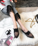 Women Apricot Splicing Flats Black Tulle Lace Up Pointed Toe