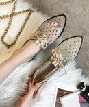 Women Apricot Splicing Flats Black Tulle Lace Up Pointed Toe