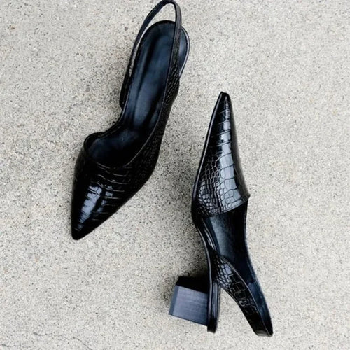 Women's Crocodile Pattern Low Block Heel Leather Pumps – Elegant Comfort Shoes
