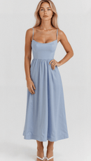 Women’s A-Line Midi Dress – Ascot Style – Spaghetti Straps – Flowing Design – Elegant Fit