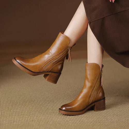 Women’s Block Heel Zip Boots – Sleek Round-Toe Ankle Style