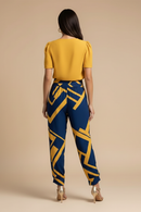 Women’s Blouse and Trousers Set – V-Neck Short Sleeve Top with Patterned Straight-Leg Trousers for Smart Casual Wear