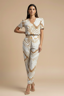 Women’s Blouse and Trousers Set – V-Neck Short Sleeve Top with Patterned Straight-Leg Trousers for Smart Casual Wear