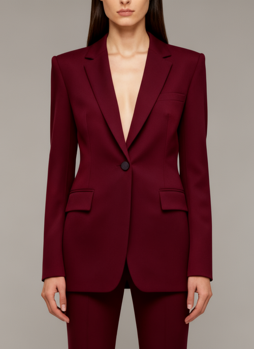 Women’s Burgundy Tailored Two-Piece Suit – Sculpted Blazer and Flared Trousers Set