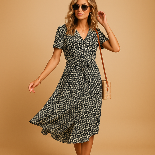 Women’s Floral Midi Dress – Lightweight Fit with Short Sleeves