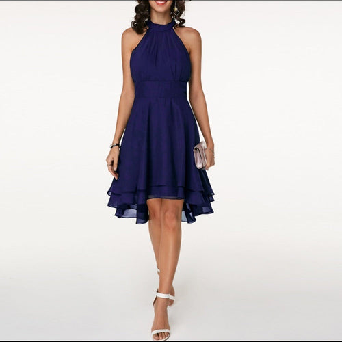 Women’s Halter Midi Dress – Flared Skirt with Ruffle Detailing