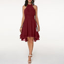 Women’s Halter Midi Dress – Flared Skirt with Ruffle Detailing