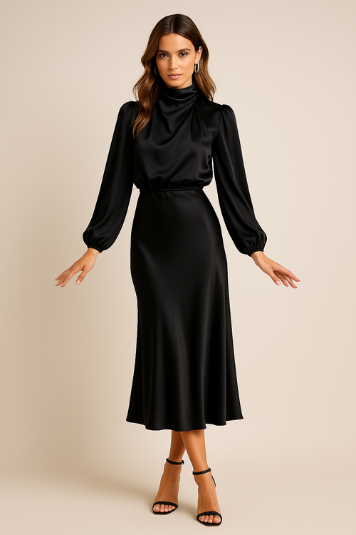 Women’s High Neck Midi Dress – Elegant High Waist Silhouette