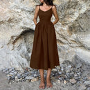 Women’s Linen Midi Dress – V-Neck – Open Back – Adjustable Tie Straps – Side Slit