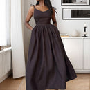 Women’s Linen Midi Dress – V-Neck – Open Back – Adjustable Tie Straps – Side Slit
