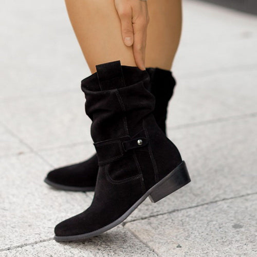 Women’s Mid-Calf Slouch Boots with Buckle Strap – Fall Casual Footwear