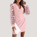 Women’s Mini Wrap Dress – Sheer Chiffon Sleeves & V-Neck