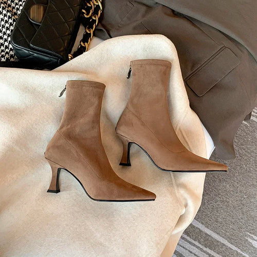 Women’s Faux Leather Sock Boots with Pointed Toe and Mid Heel – Brown Stretch Fit Ankle Boots