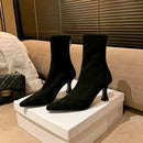 Women’s Faux Leather Sock Boots with Pointed Toe and Mid Heel – Brown Stretch Fit Ankle Boots
