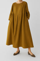 Women’s Relaxed Fit Midi Dress – Wide Silhouette with Front Pleat Detailing and Three-Quarter Sleeves