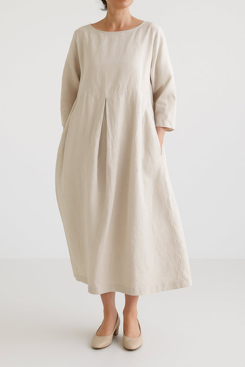Women’s Relaxed Fit Midi Dress – Wide Silhouette with Front Pleat Detailing and Three-Quarter Sleeves