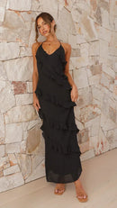 Women’s Ruffle Maxi Dress – Halter Neck, Tiered Layers