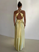 Women’s Satin Halter Neck Maxi Dress – Ruched Backless Evening Gown