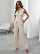 Women’s Tailored Set – Sleeveless Blazer Top & Wide-Leg Trousers – Elegant Formal Wear
