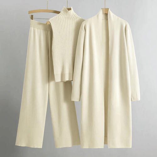 Women’s Three-Piece Lounge Set – Ribbed Knit Top, Wide-Leg Trousers & Longline Cardigan