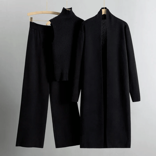 Women’s Three-Piece Lounge Set – Ribbed Knit Top, Wide-Leg Trousers & Longline Cardigan