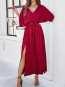 Women’s V-Neck Maxi Dress – Tie-Waist Kimono Sleeve with High Slit