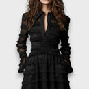 Women's Ruched V-Neck Midi Dress – Elegant Long Sleeve Black Evening Dress