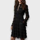Women's Ruched V-Neck Midi Dress – Elegant Long Sleeve Black Evening Dress