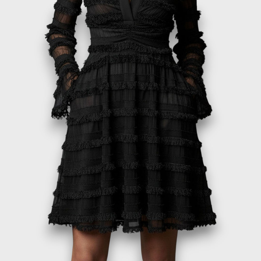 Women's Ruched V-Neck Midi Dress – Elegant Long Sleeve Black Evening Dress