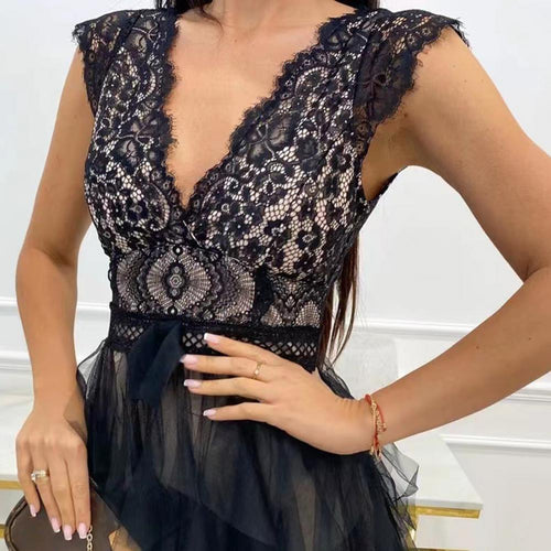 Women's V-Neck Sleeveless Lace Midi Dress – Wedding Guest Gown