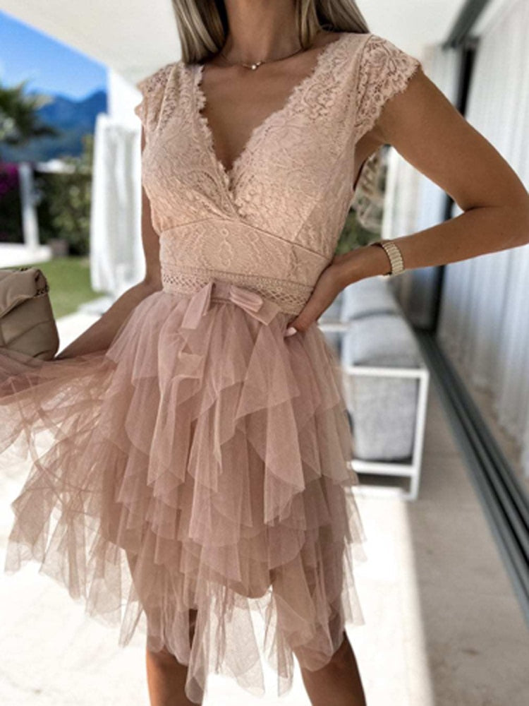 Women's V-Neck Sleeveless Lace Midi Dress – Wedding Guest Gown
