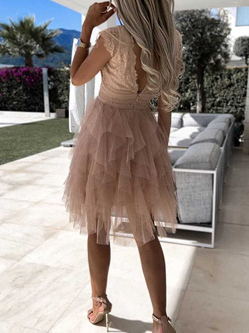 Women's V-Neck Sleeveless Lace Midi Dress – Wedding Guest Gown