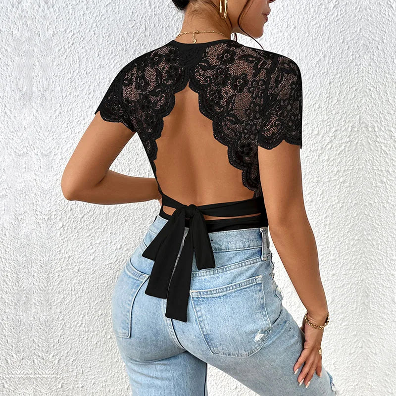 Women's Black Lace Open-Back Bodysuit – Round Neck Elegant Slim Fit Top
