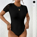 Women's Black Lace Open-Back Bodysuit – Round Neck Elegant Slim Fit Top