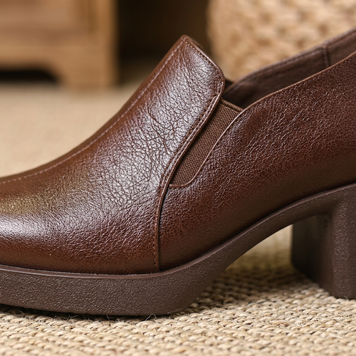 Women's Pointed Toe Leather Loafers With Chunky Heels – Casual Shoes