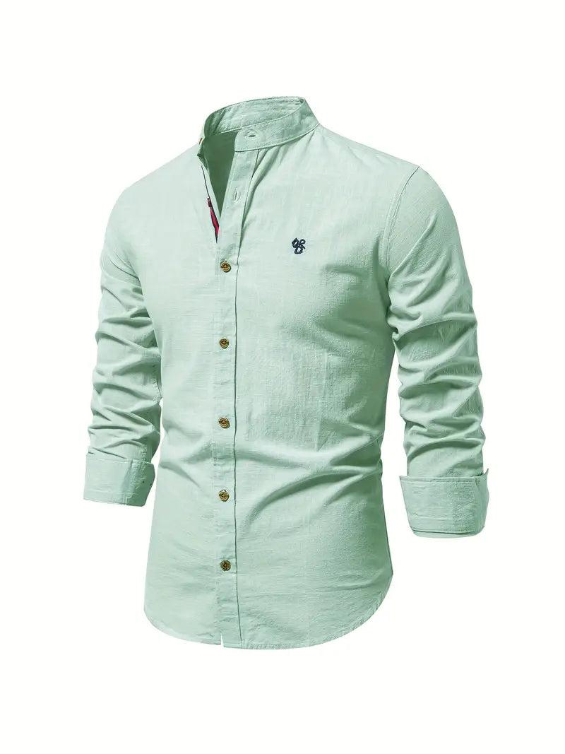 Men’s Band Collar Button Down Shirt - Stylish Long Sleeve