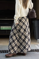 Asymmetric Color Block Plaid Midi Skirt