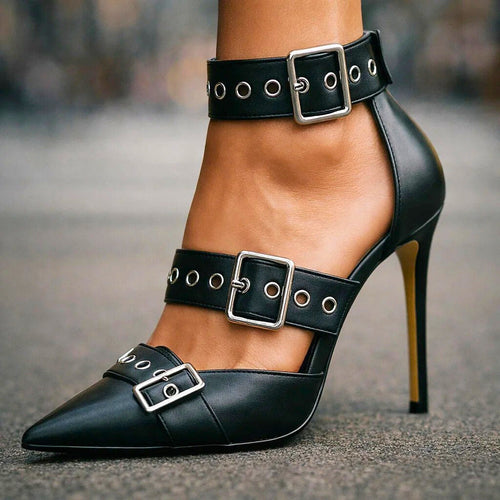 Women's Gothic-Style Studded Buckle High Heels – Bold Edgy Stiletto Shoes