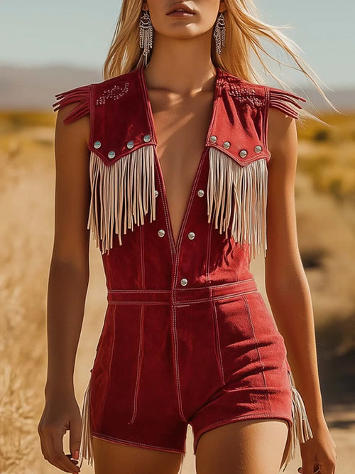 Women's Western Red Suede Tassel Playsuit – Cowboy Fringe Button Romper
