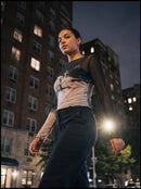 Abstract Print Black Mesh Long Sleeve Sheer Top