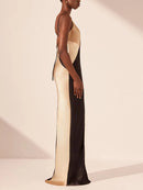 Women's Contrasting Satin V-Neck Double Strap Maxi Dress – Elegant Evening Gown