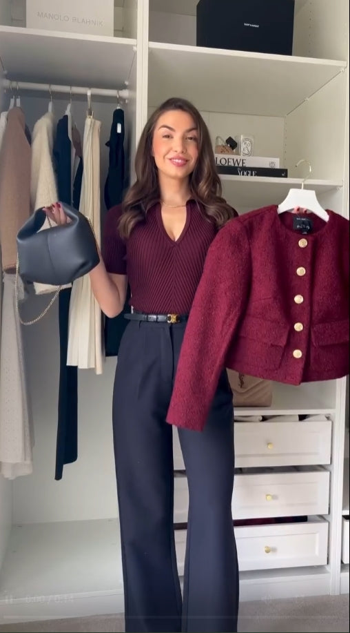 Women's Burgundy Tweed Three Piece Set – Elegant Jacket Outfit