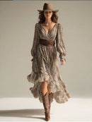 Women's Beige - Plaid Bohemian Chiffon Ruffled Midi Dress (without Belt)