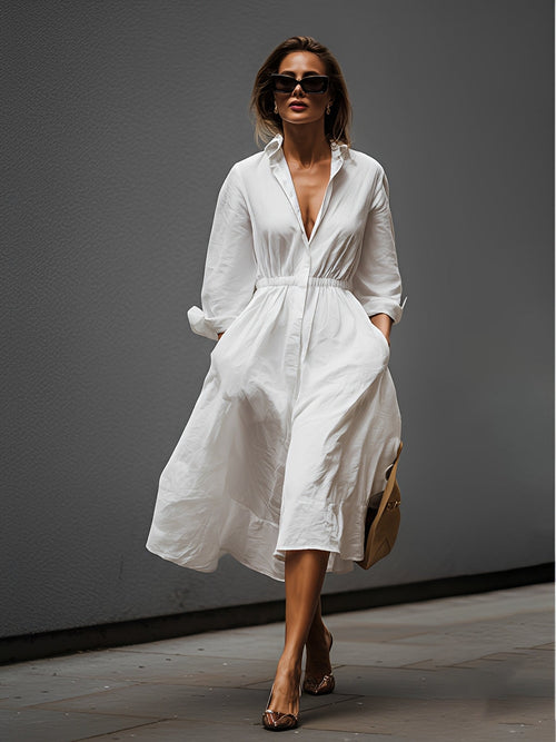 Women's White Linen Dress With Shirt Collar & Elastic Waist, Timeless Effortless-Chic Style Dress