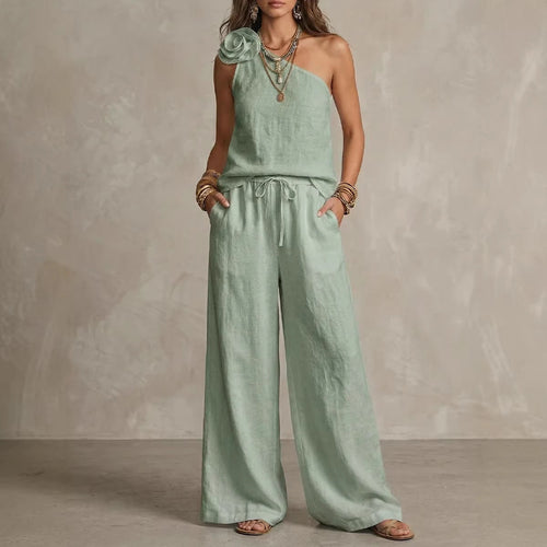 Two-Tone Linen Set: Sleeveless Top & Trousers