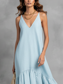 Women's Light Blue Cotton Linen Sleeveless V-Neck Ruffle Hem Maxi Dress