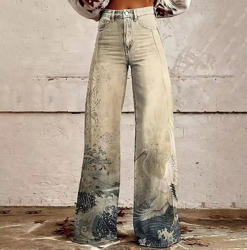 Women's Wide-Leg Printed Jeans – Flared Statement Denim Trousers