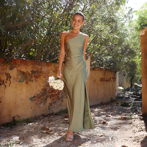 One-Shoulder Satin Evening Maxi Dress