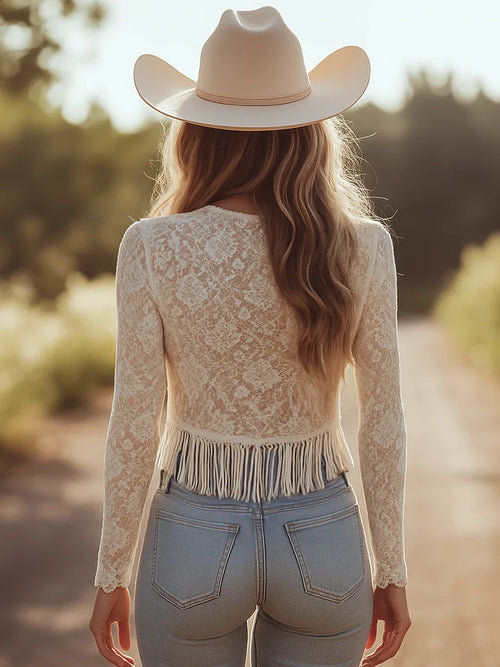 Women's Retro Lace Tassel Blouse – V-Neck Long Sleeve Cropped Top